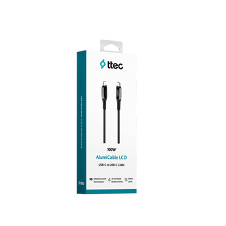 ttec AlumiCable LCD USB-C – USB-C 100W PD/QC 150cm Hızlı Şarj/Data Kablosu ,Siyah