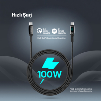 ttec AlumiCable LCD USB-C – USB-C 100W PD/QC 150cm Hızlı Şarj/Data Kablosu ,Siyah