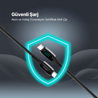 ttec AlumiCable LCD USB-C – USB-C 100W PD/QC 150cm Hızlı Şarj/Data Kablosu ,Siyah