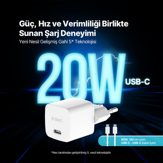 ttec SmartCharger GAN 20W PD Seyahat Hızlı Şarj Aleti + USB-C - USB-C 60W Kablo