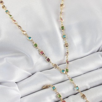 Asorti Kare Model Gold Renk Zirkon Taşlı Y Kolye