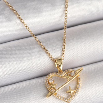 Gold Renk Zirkon Taşlı Kalp Model Yıldız Detay Kolye