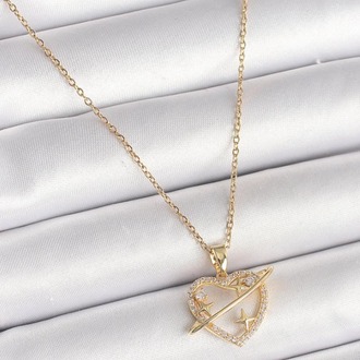 Gold Renk Zirkon Taşlı Kalp Model Yıldız Detay Kolye