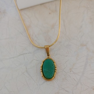 Çelik | Oval Yeşil Taşlı Kolye