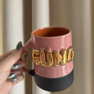 24K Altın GÜNO 450 ml Pembe-Turuncu Stoneware Kupa