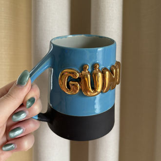 24K Altın GÜNO 450 ml Mavi - Su Yeşili Stoneware Kupa