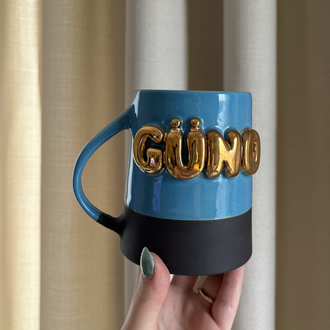 24K Altın GÜNO 450 ml Mavi - Su Yeşili Stoneware Kupa