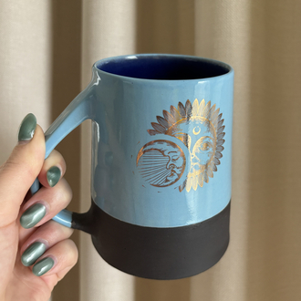 24K Altın Detaylı 450 ml Mavi - Lacivert Stoneware Kupa