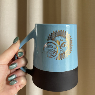 24K Altın Detaylı 450 ml Mavi - Lacivert Stoneware Kupa