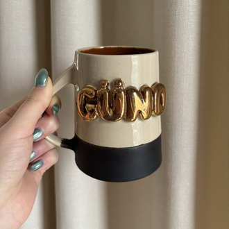 24K Altın GÜNO 450 ml Krem-Kahverengi Stoneware Kupa