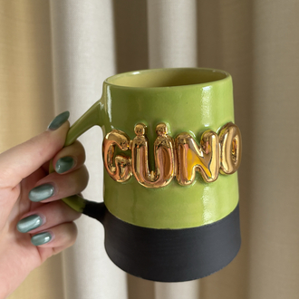 24K Altın GÜNO 450 ml Fıstık Yeşili-SarıStoneware Kupa
