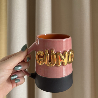 24K Altın GÜNO 450 ml Pembe-Turuncu Stoneware Kupa