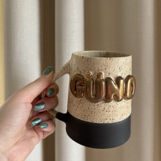 24K Altın Bakır GÜNO 450 ml Mat Krem Benekli Stoneware Kupa