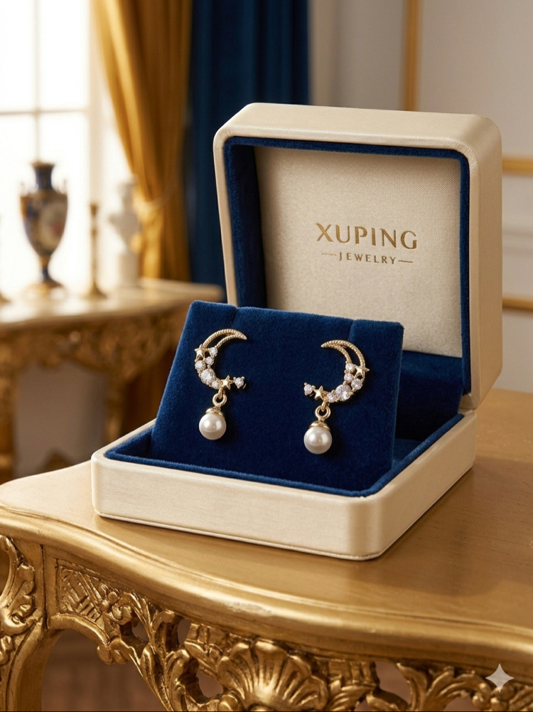 XUPİNG 14K TAŞLI İNCİLİ MODEL HİLAL KÜPE