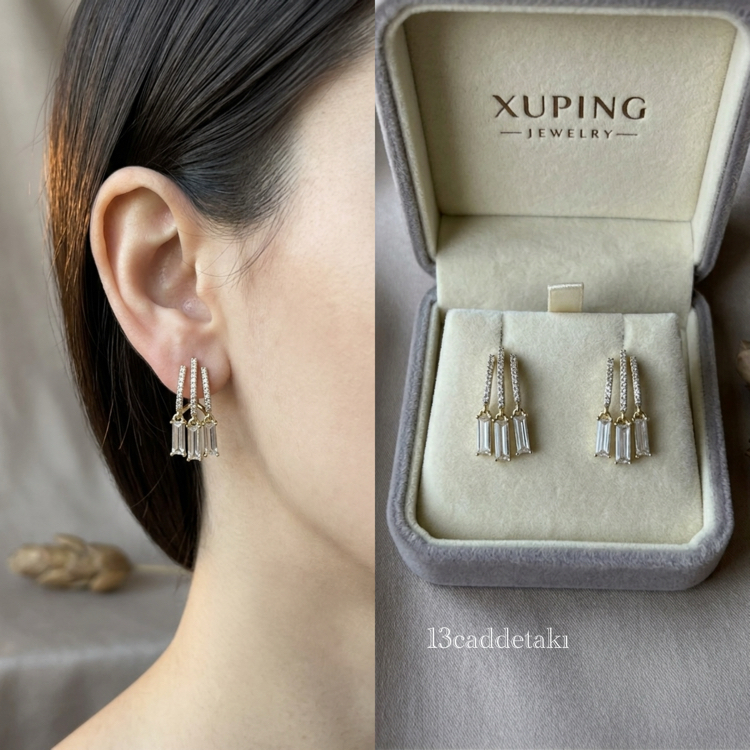 XUPİNG 14K TAŞLI SALLANTILI ÇOKLI KÜPE
