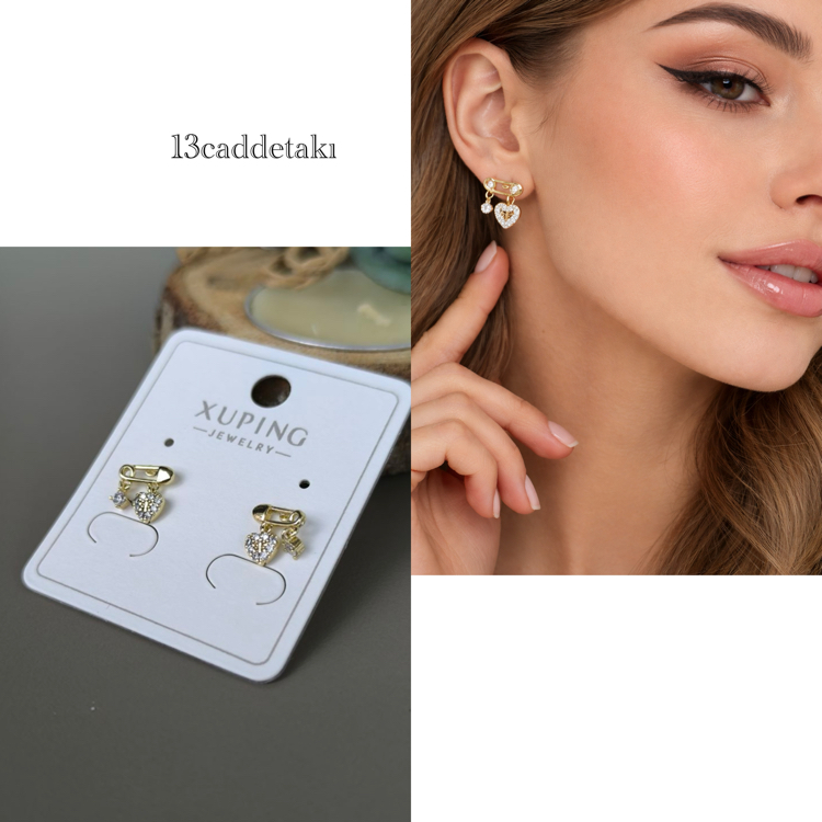 XUPİNG 14K KALPLİ ÇENGELLİ İĞNE KÜPE