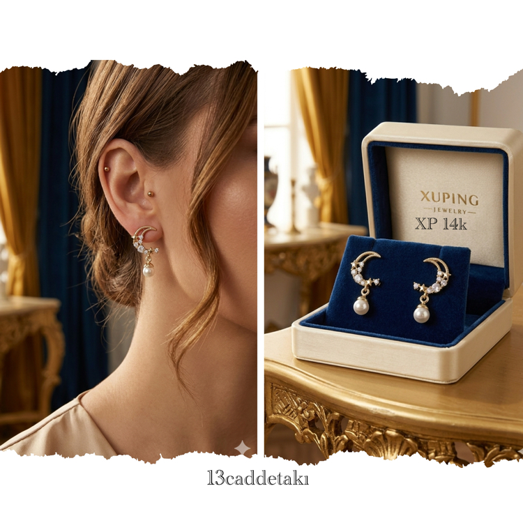 XUPİNG 14K TAŞLI İNCİLİ MODEL HİLAL KÜPE