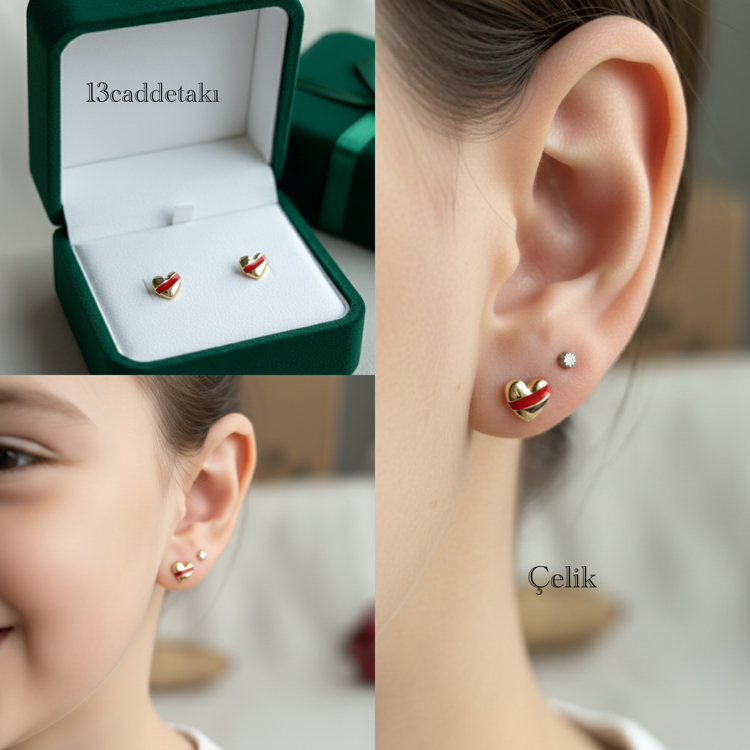 ÇELİK KIRMIZI ŞERİTLİ MİNİK KALPLİ MODEL KÜPE