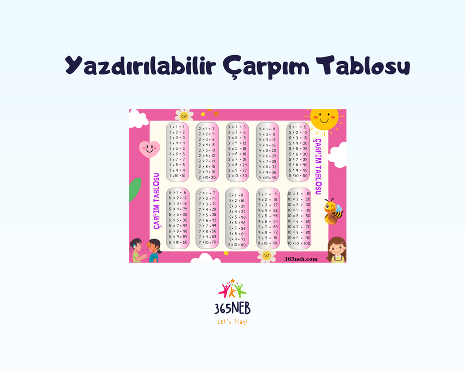 Pembe Temalı Çocuklar için 1-10 Çarpım Tablosu | Yazdırılabilir Matematik Çalışma Sayfası