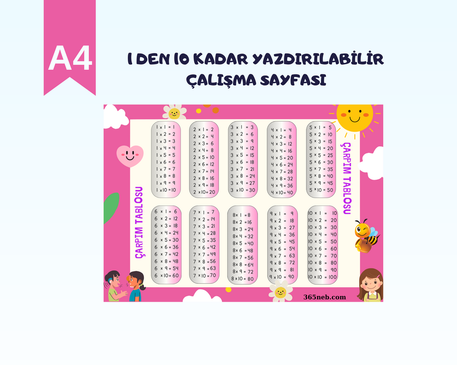 Pembe Temalı Çocuklar için 1-10 Çarpım Tablosu | Yazdırılabilir Matematik Çalışma Sayfası