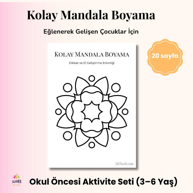 Kolay Mandala Boyama (3–6 Yaş) | 20 Sayfa Yazdırılabilir PDF