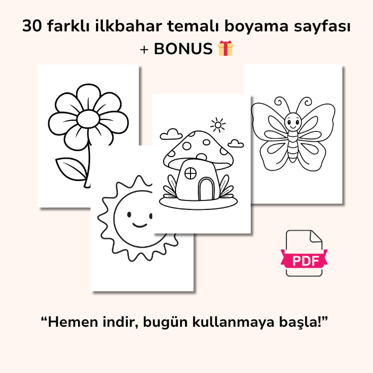 İlkbahar Boyama Sayfaları | 30 Sayfalık Okul Öncesi Yazdırılabilir PDF Etkinlik Seti