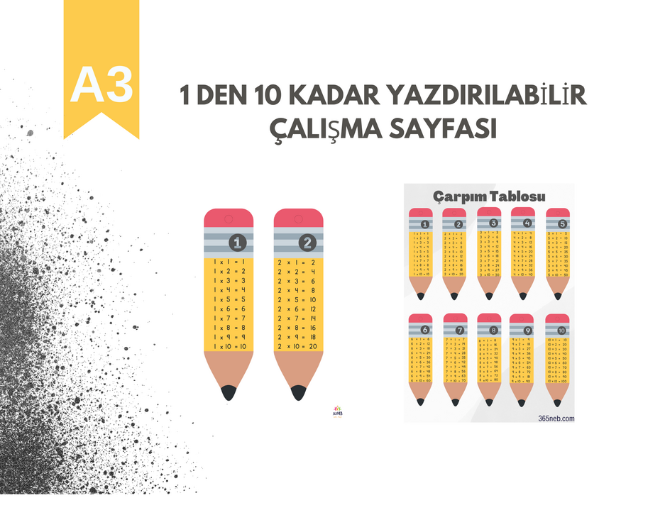 Kalem Temalı Çocuklar için 1-10 Çarpım Tablosu | Yazdırılabilir Matematik Çalışma Sayfası
