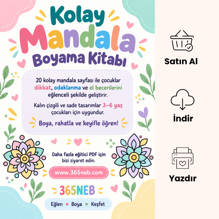 İlk Mandala Boyama Kitabı ve Odaklanma Seti 6–10 Yaş | 20 Sayfa PDF