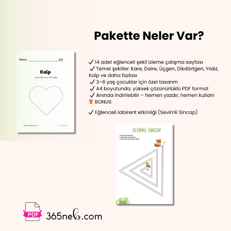 Şekil Öğrenme & Çizgi İzleme Seti (3–6 Yaş) | 14 Sayfa PDF + BONUS 