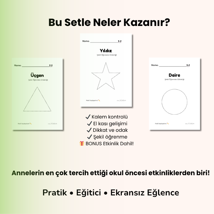 Şekil Öğrenme & Çizgi İzleme Seti (3–6 Yaş) | 14 Sayfa PDF + BONUS 