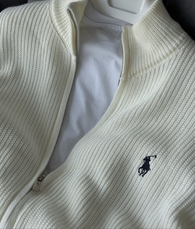 Premium Kalite Polo Fermuarlı Triko Hırka - Ekru