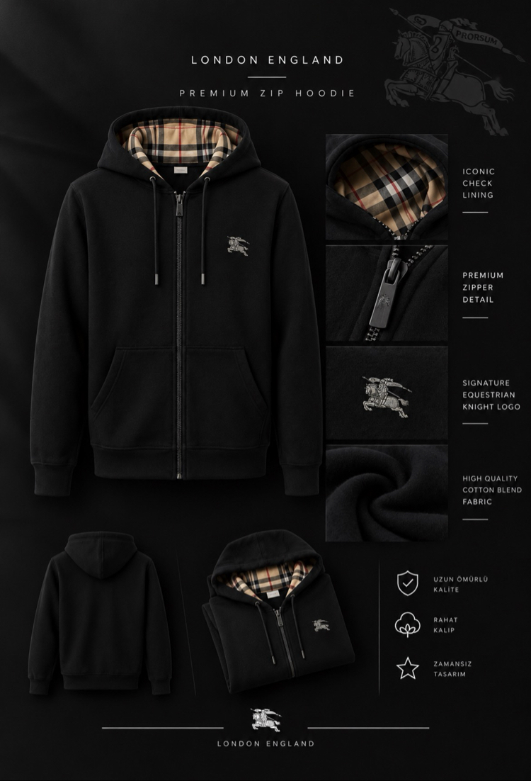 Burberry Stili İç Ekose Detaylı Siyah Hoodie