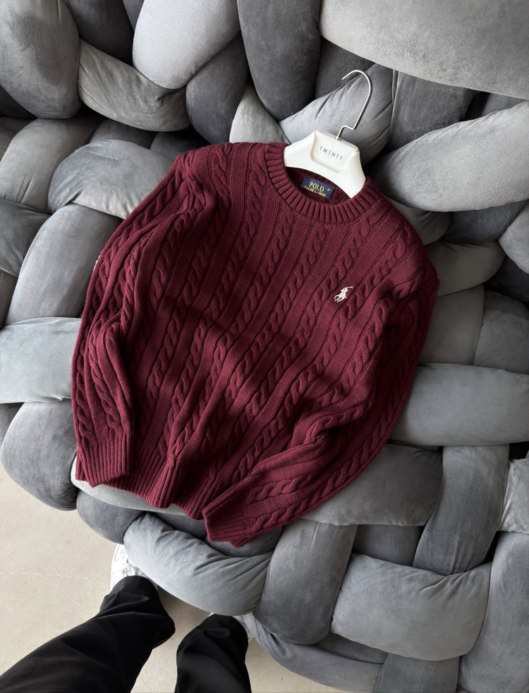 Premium Kalite Polo Saç Örgü Kışlık Kazak - Bordo