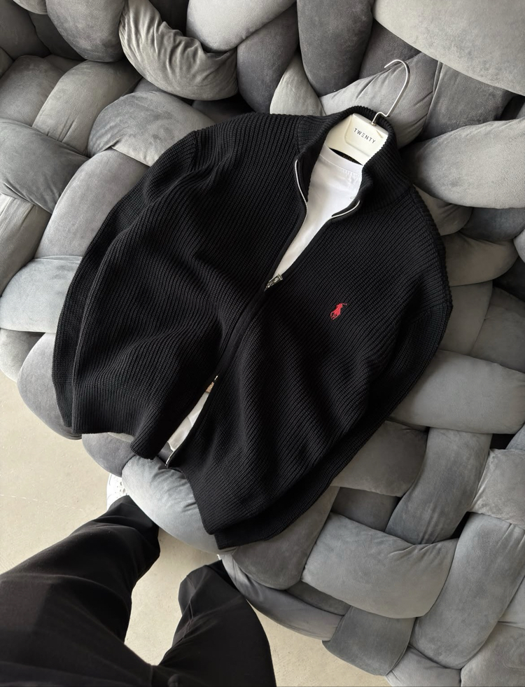 Premium Kalite Polo Fermuarlı Triko Hırka - Siyah
