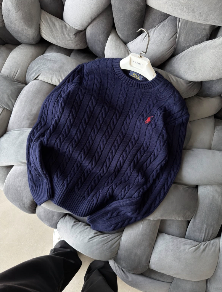 Premium Kalite Polo Saç Örgü Kışlık Kazak - Lacivert