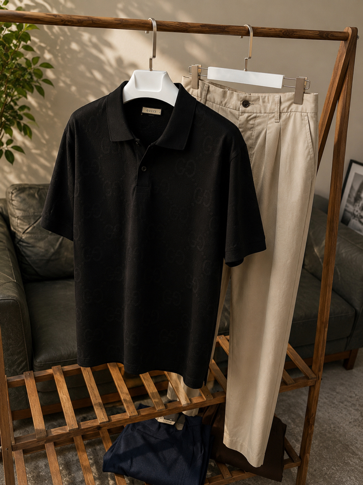 Gucci İmzalı Siyah Monogram Desenli Polo Yaka Tişört