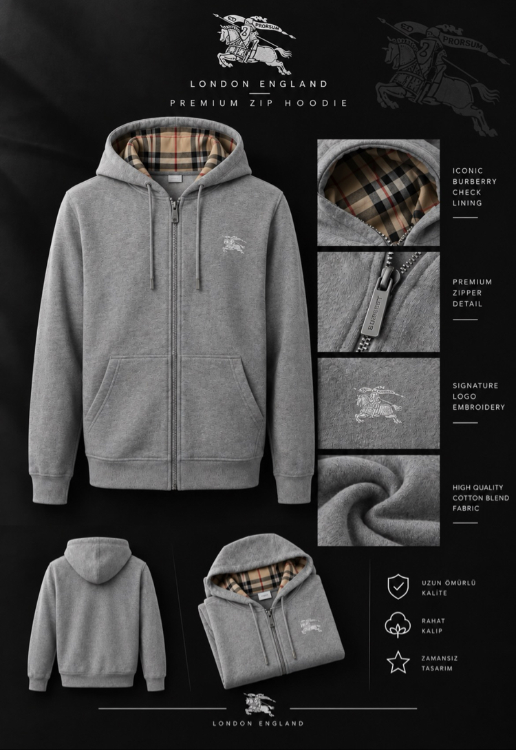 Burberry Stili İç Ekose Detaylı Gri Hoodie