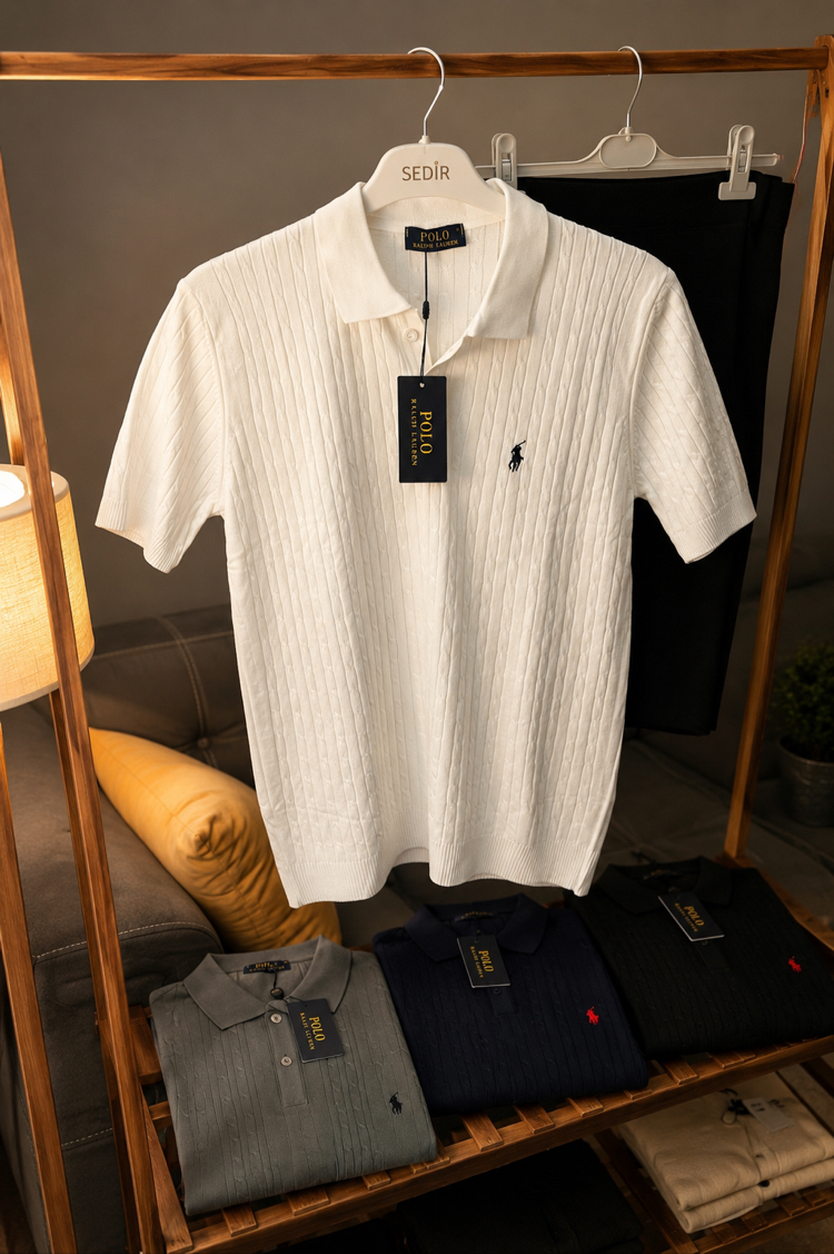 Ralph Lauren Premium Örgü Polo Yaka Tişört - Beyaz