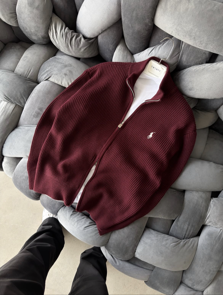Premium Kalite Polo Fermuarlı Triko Hırka - Bordo