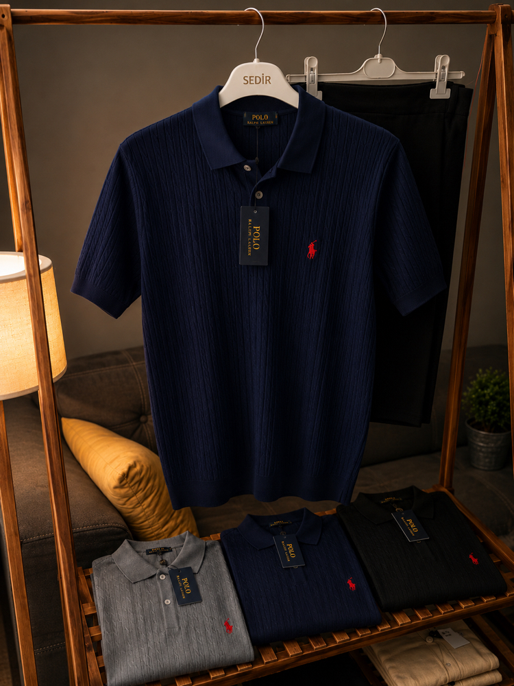 Ralph Lauren Premium Örgü Polo Yaka Tişört - Lacivert