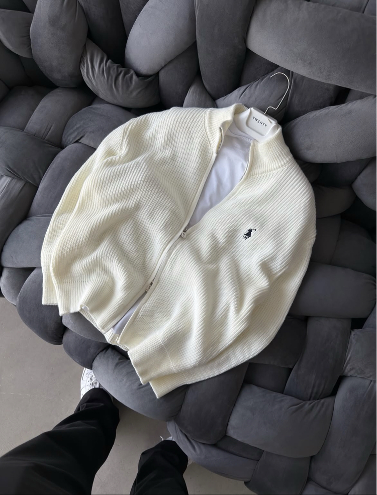 Premium Kalite Polo Fermuarlı Triko Hırka - Ekru