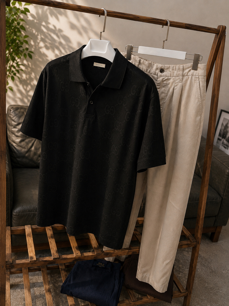 Gucci İmzalı Siyah Monogram Desenli Polo Yaka Tişört
