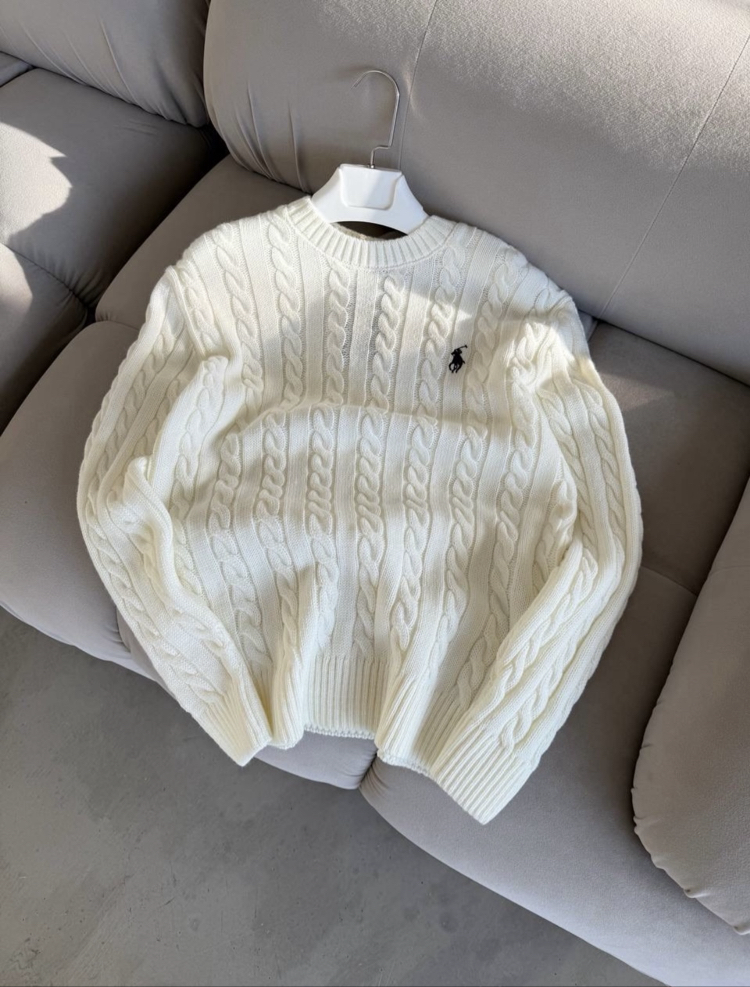 Premium Kalite Polo Saç Örgü Kışlık Kazak - Beyaz