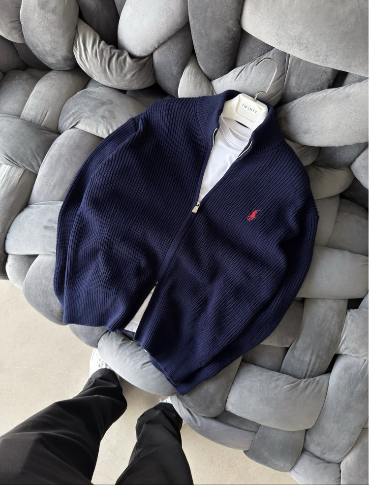Premium Kalite Polo Fermuarlı Triko Hırka - Lacivert