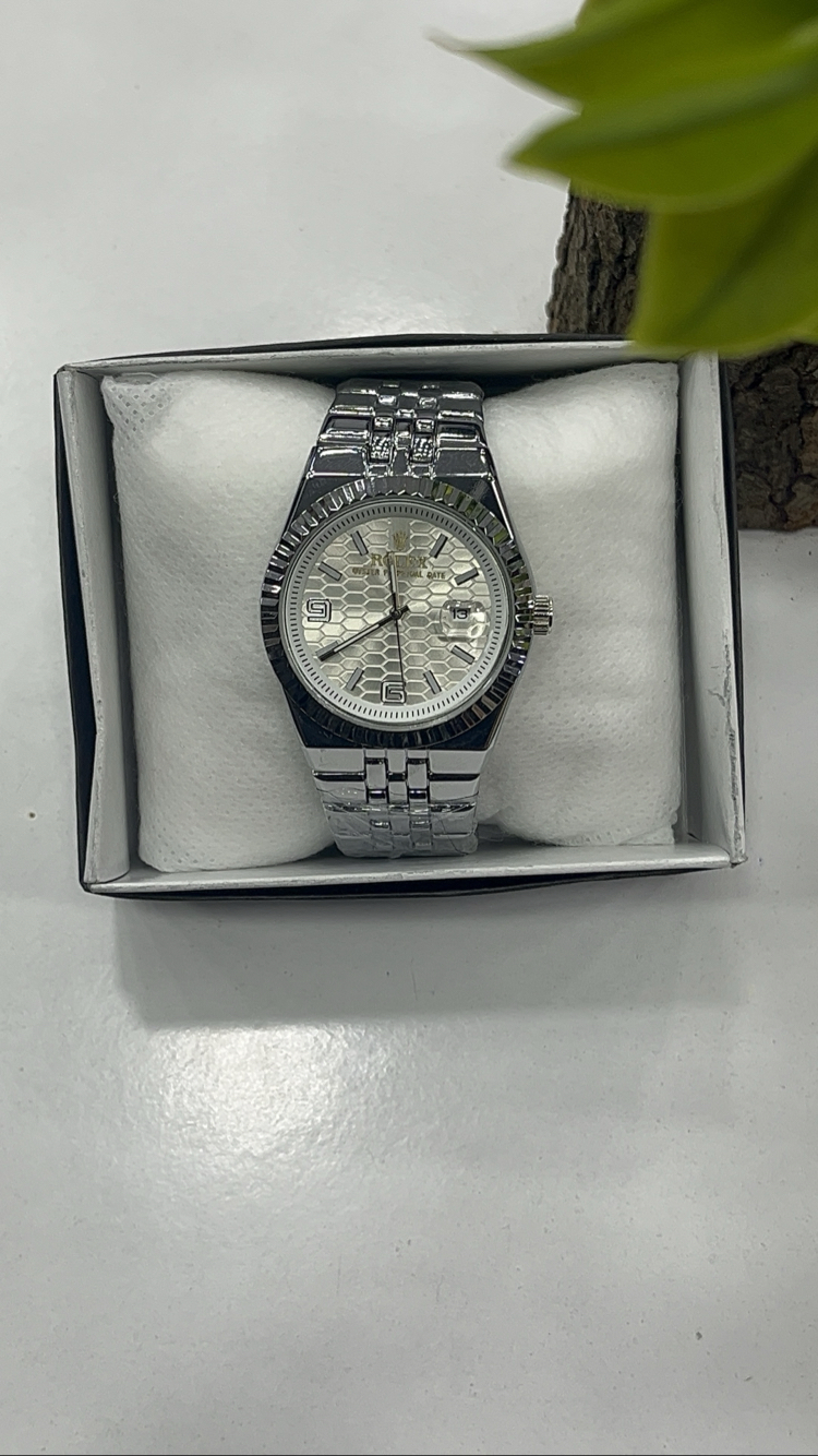 Datejust Fluted Bezel - Beyaz Petek Kadran Gümüş Çelik Saat + Cüzdan Hediye 