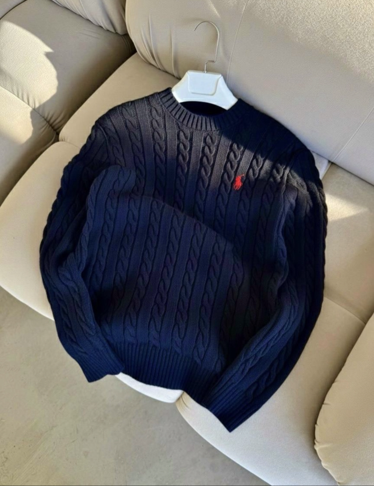 Premium Kalite Polo Saç Örgü Kışlık Kazak - Lacivert