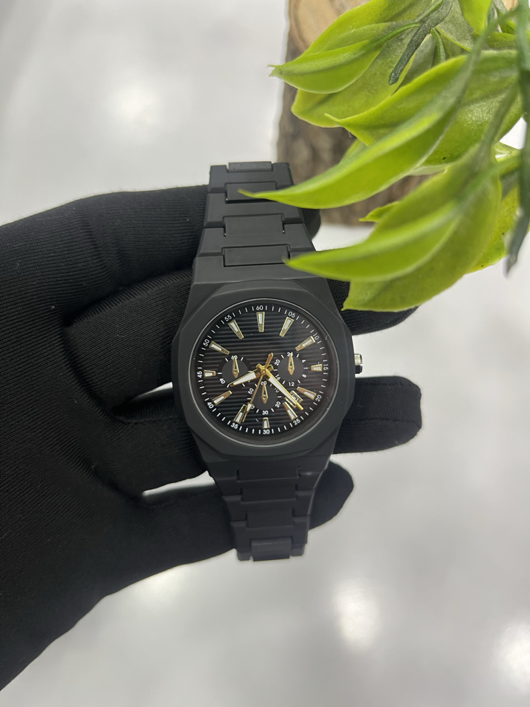 Carbon Gold Özel Seri - Siyah Çelik Kasa Altın Detaylı Saat + Cüzdan Hediye 