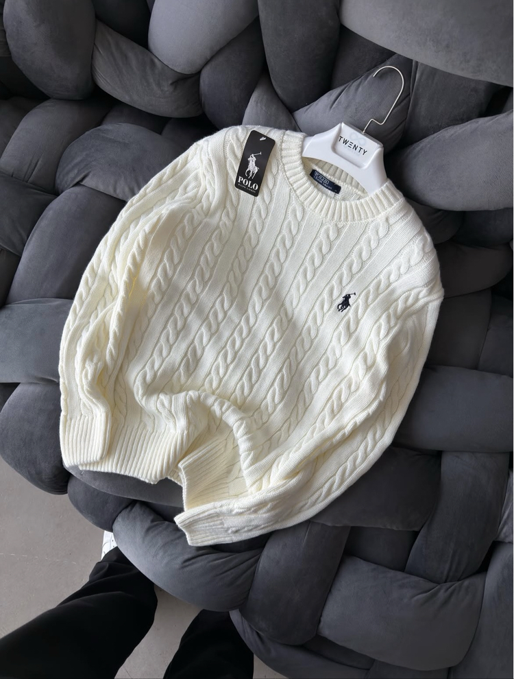 Premium Kalite Polo Saç Örgü Kışlık Kazak - Beyaz