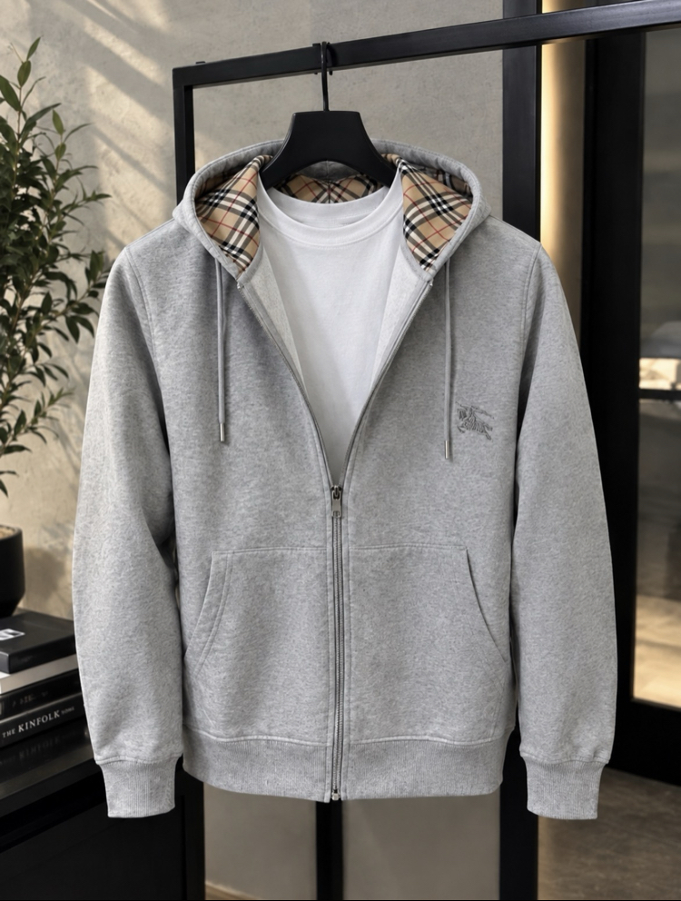 Burberry Stili İç Ekose Detaylı Gri Hoodie