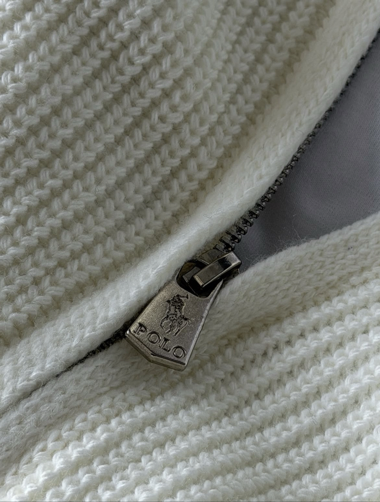 Premium Kalite Polo Fermuarlı Triko Hırka - Ekru